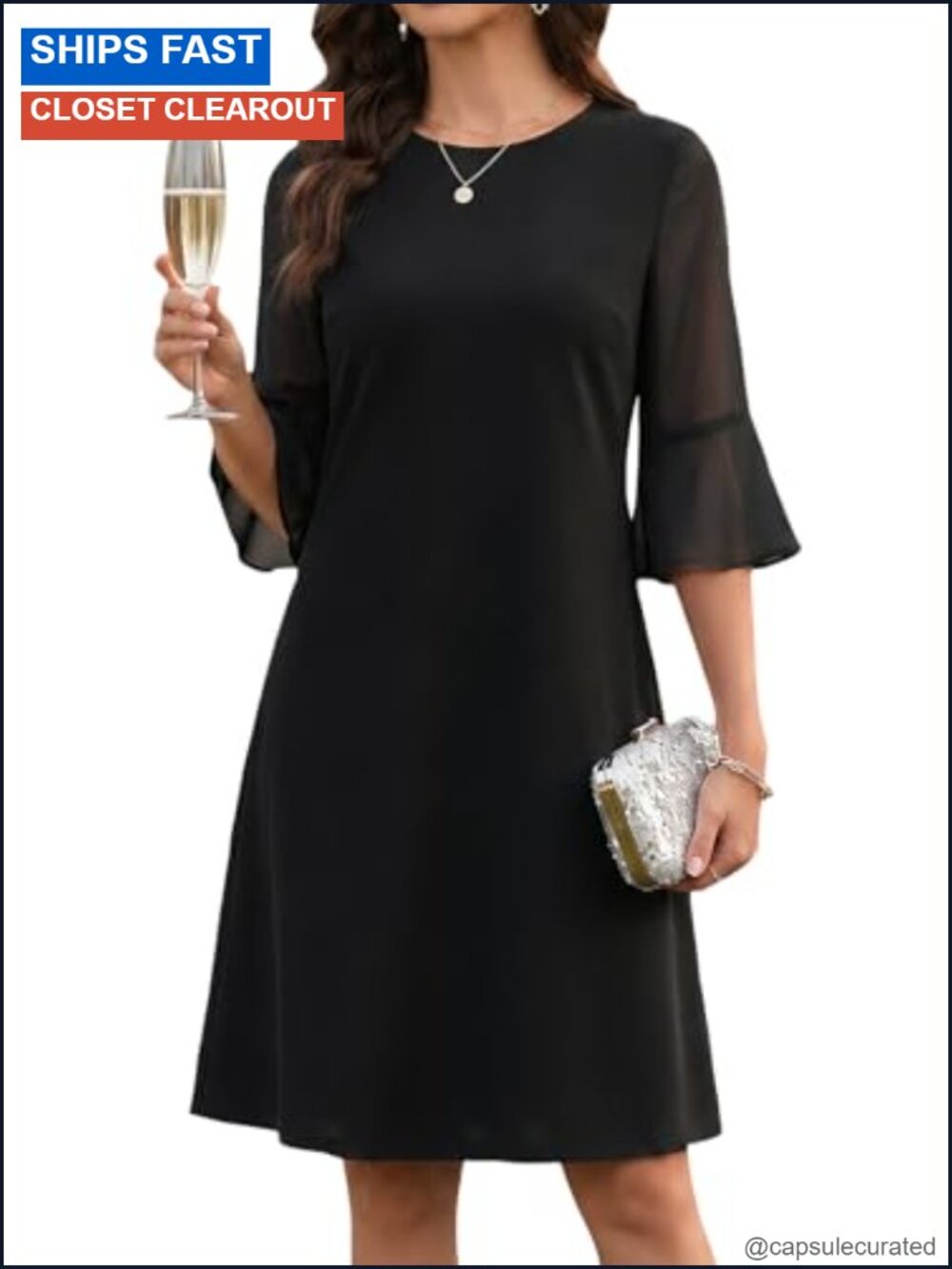 Women's Bell Sleeve Cocktail Dress A-Line Knee-Length Wedding Guest